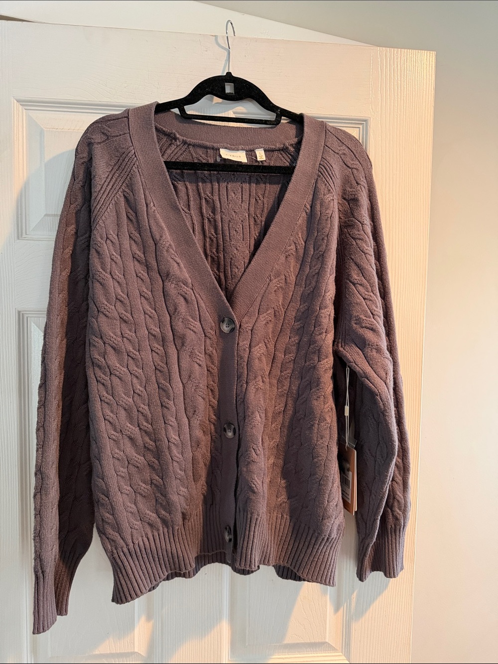 Cyrus Cable-Knit Button-Front Cardigan in Grey Violet